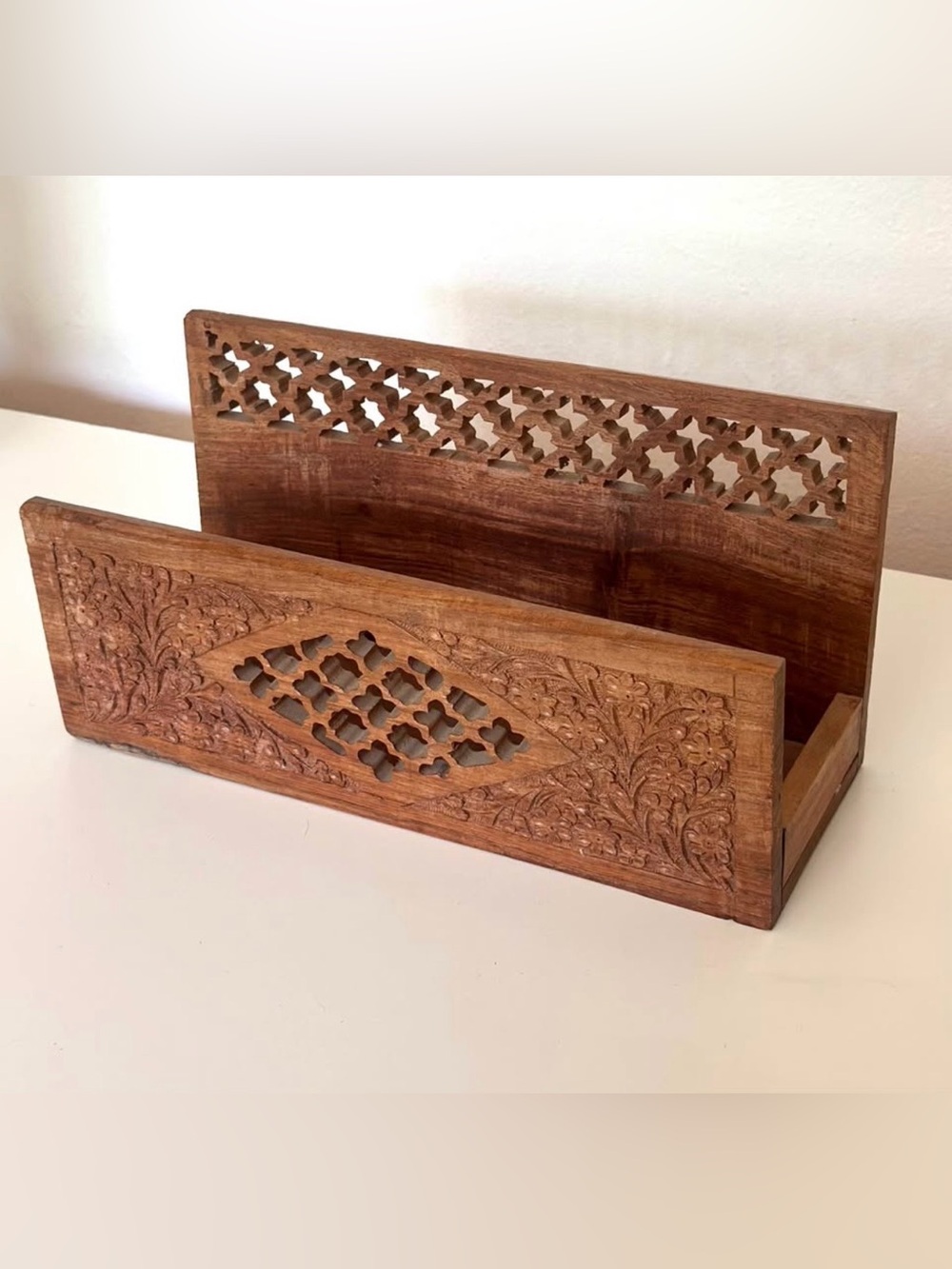Vintage Hand Carved Wooden Letter Holder Desk Mail Organizer